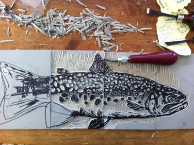 Trout Linoleum print