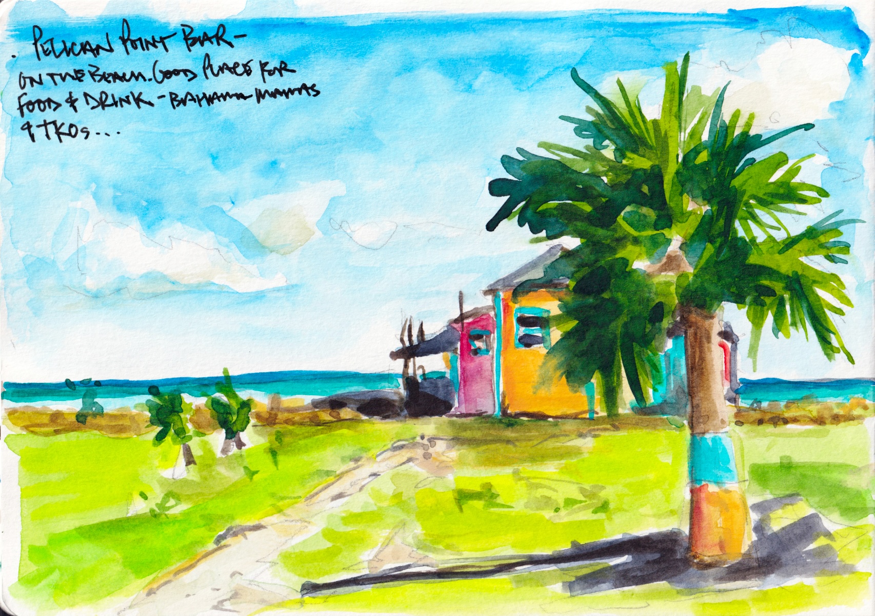 Pelican Point Bar, Bahamas watercolor sketch by Nate Bennett