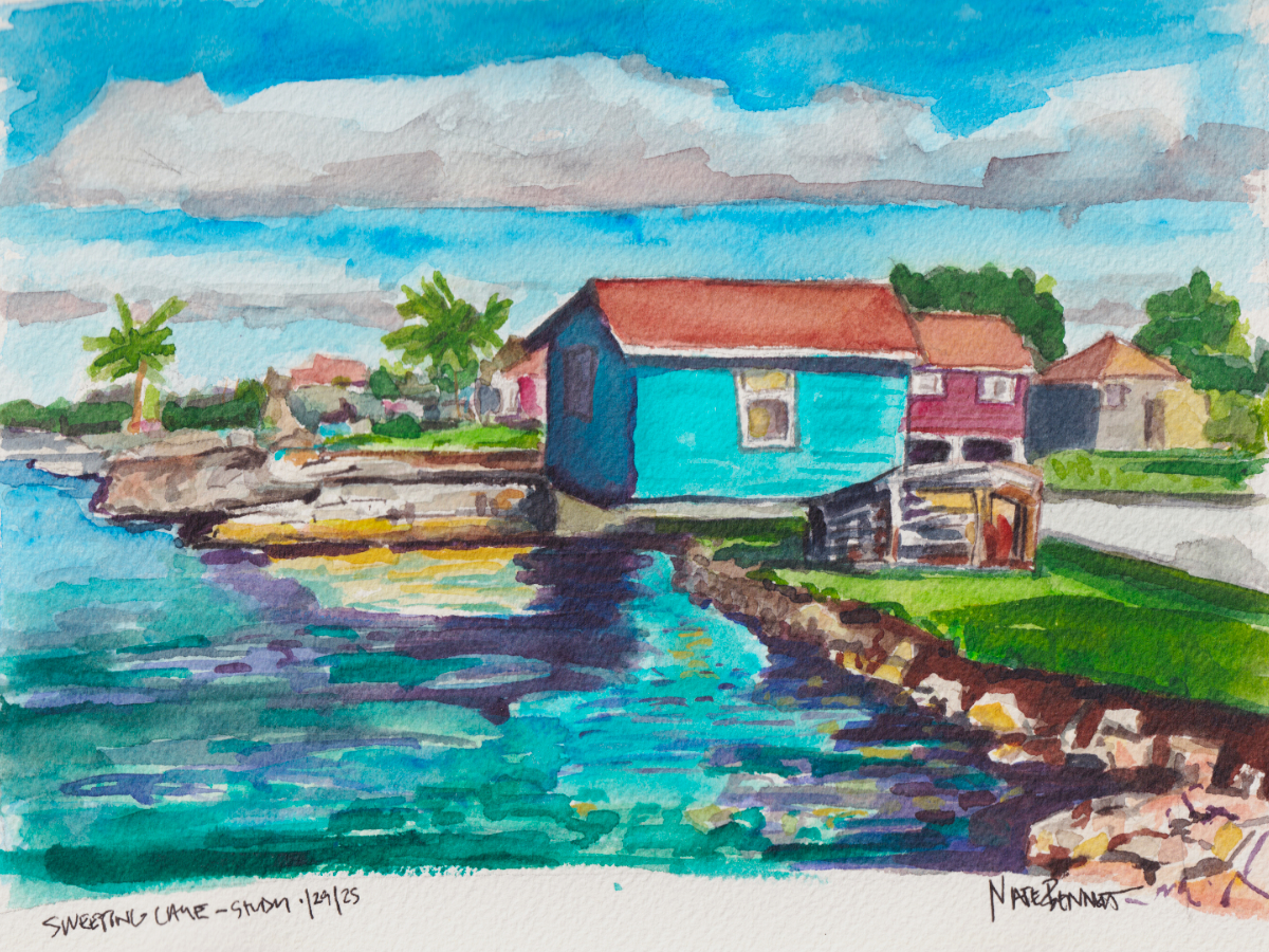 Sweetings Caye Bahamas watercolor sketch by Nate Bennett